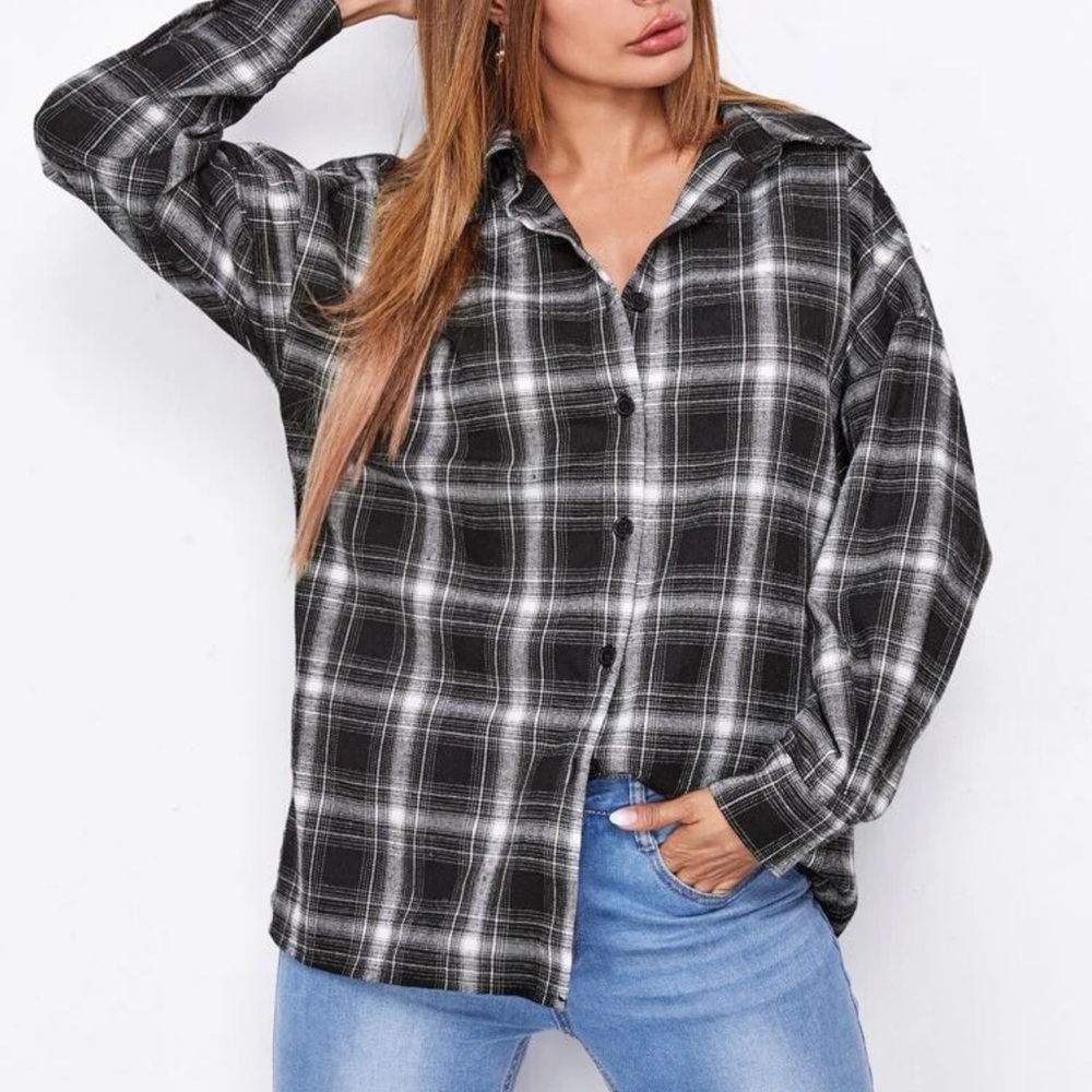 Drop shoulder plaid blouse